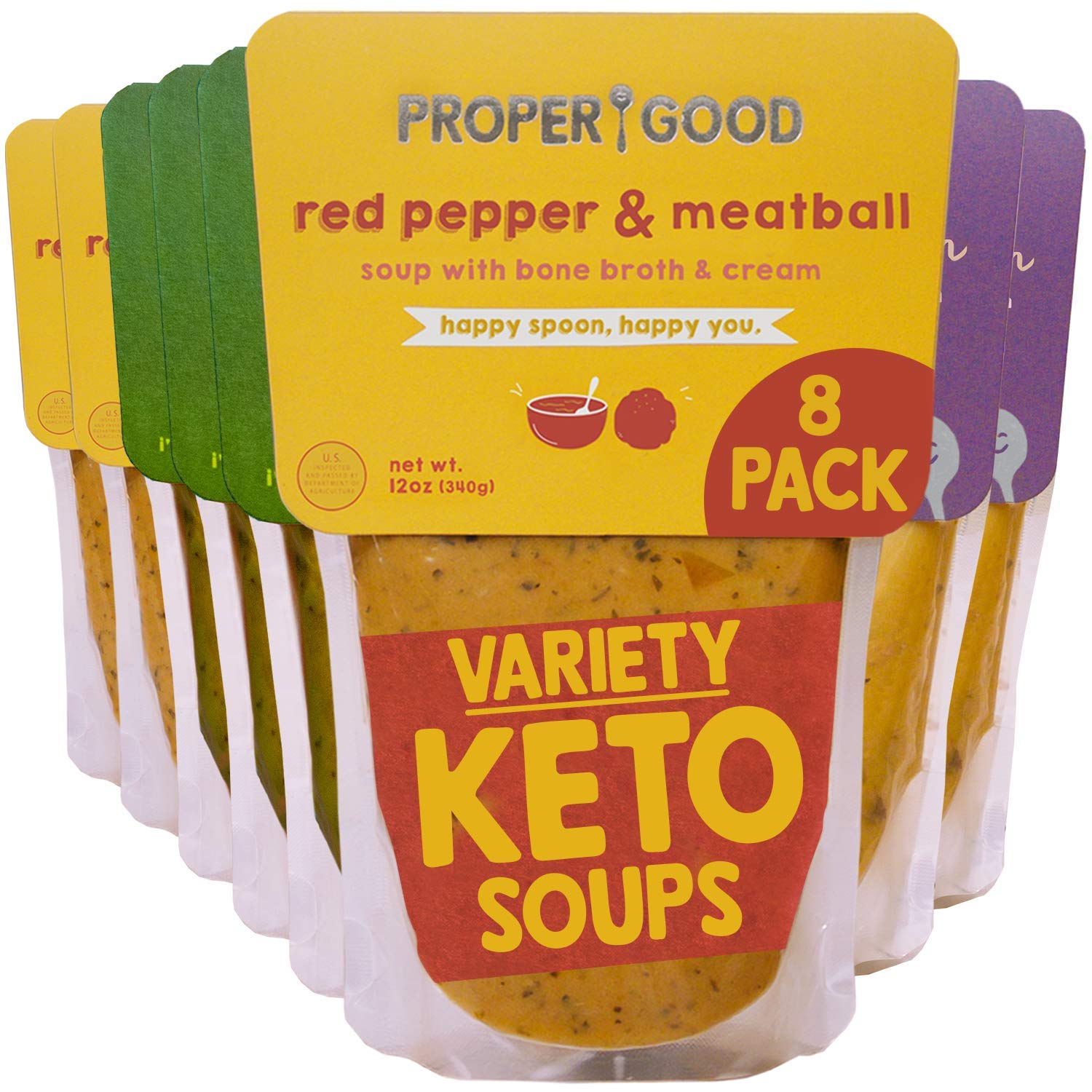 Keto Gluten Free Soup Variety by Proper Good, Broccoli Cheddar, Chicken & Mushroom, Red Pepper Meatball, Hearty, Healthy, Shelf Stable, No Refrigeration Required, 12 Ounce Pack of 8