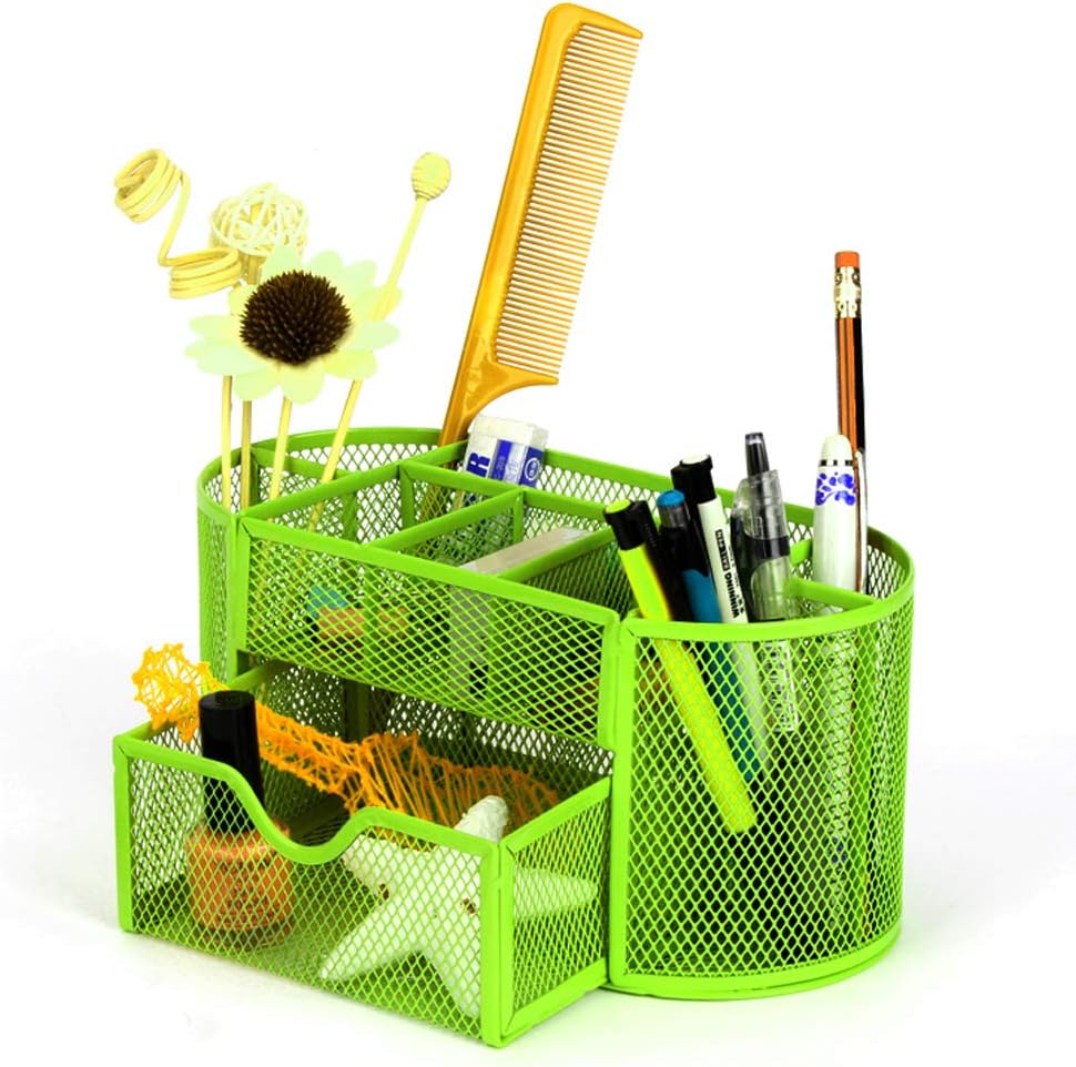 Mesh Desk Tidy Organiser with Pen Holder and Drawer, Office Supplies Desktop Stationary Storage Organiser Set, Green