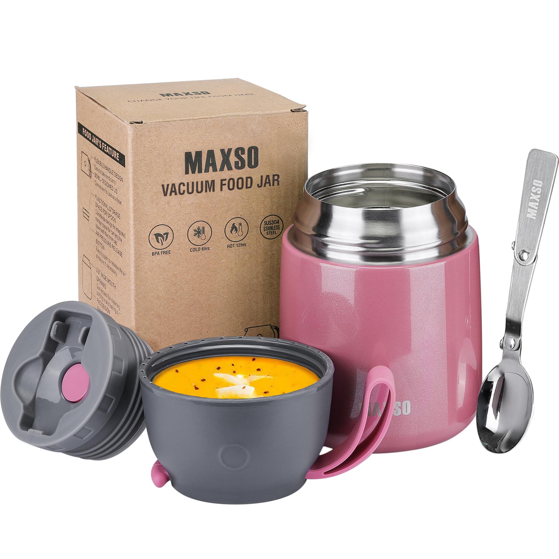 Photo 1 of Insulated Food Jar for Hot & Cold Food for Kids Adult,17 oz Soup Thermo Hot Food Containers for Lunch, Triple Layer Insulation Stainless Steel Food Jar with Spoon (Pink)