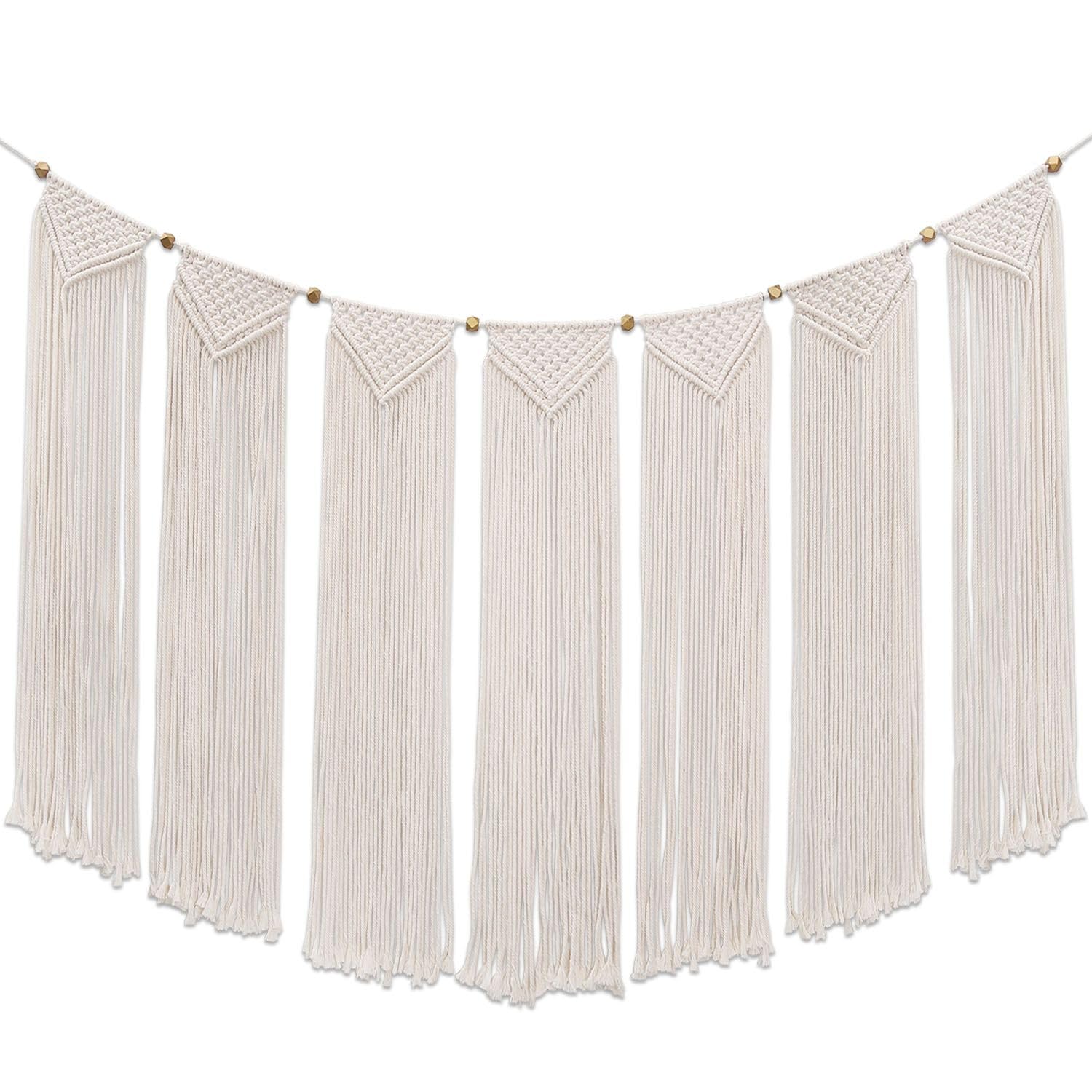 Flexzion Macrame Wall Hanging Bunting Banner Tapestry Art (47 Inch Cream White Cotton Curtain) Hand Woven Bohemian Wall Decor for Boho Home Bedroom Living Room Garland Baby Nursery Rustic