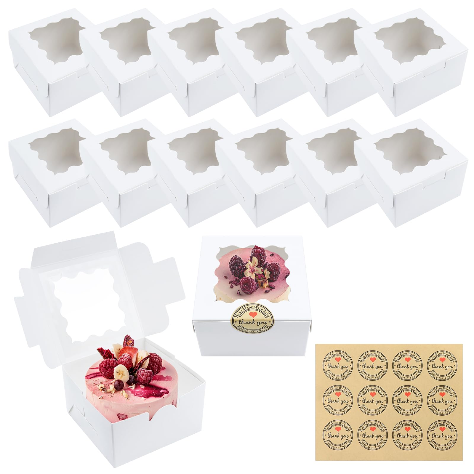 12PCS Small Cake Boxes, White Paper Cupcake Boxes Cookie Boxes with Windows and 12 Stickers Mini Cake Boxes Individual Bakery Dessert Brownie Boxes for Gift Small Cakes Sweet Candy (10 * 10 * 6.5cm)