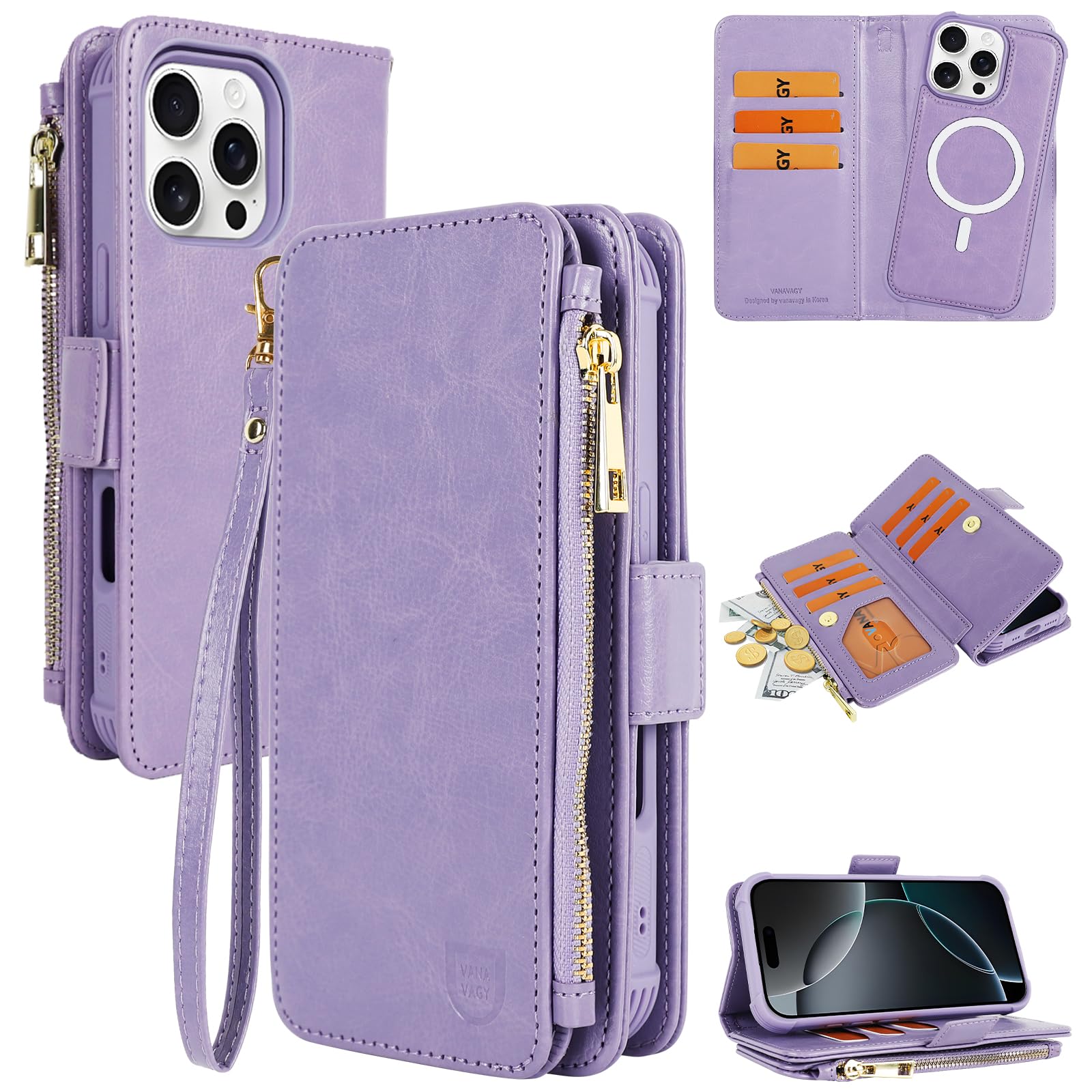Photo 1 of VANAVAGY Compatible for iPhone 16 Pro Wallet Case with RFID Blocking Card Holder for Magsafe, PU Leather Magnetic Strap Wallet Detachable Phone Case with Kickstand for 16 Pro 6.3inch,Clove Purple