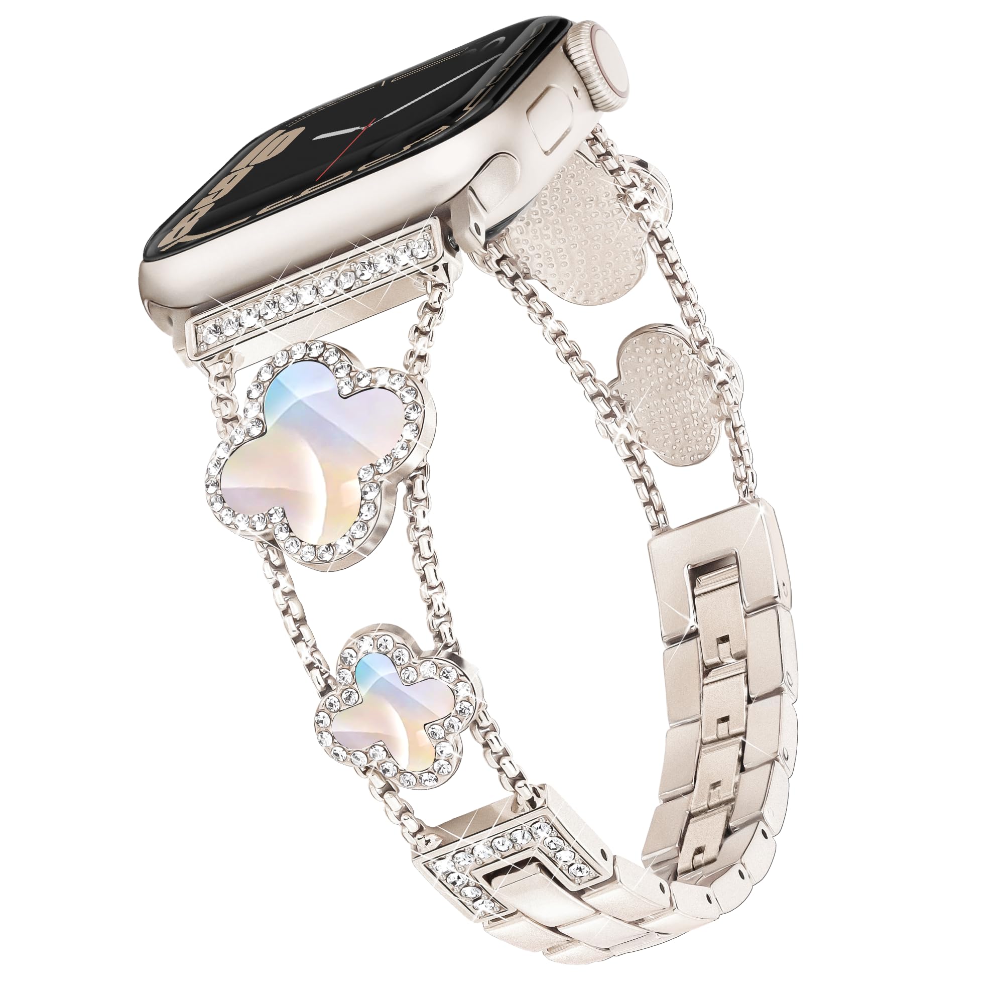 Wipalor Clover Band [No-Tool Adjust] Fit Apple Watch Bands for Women 42mm 41mm 40mm 38mm, Thin iWatch Bands for Women, Bling Strap Fit iPhone Watch Band for iWatch Series 11 10 9 8 7 6 5 4 3 SE-Starlight