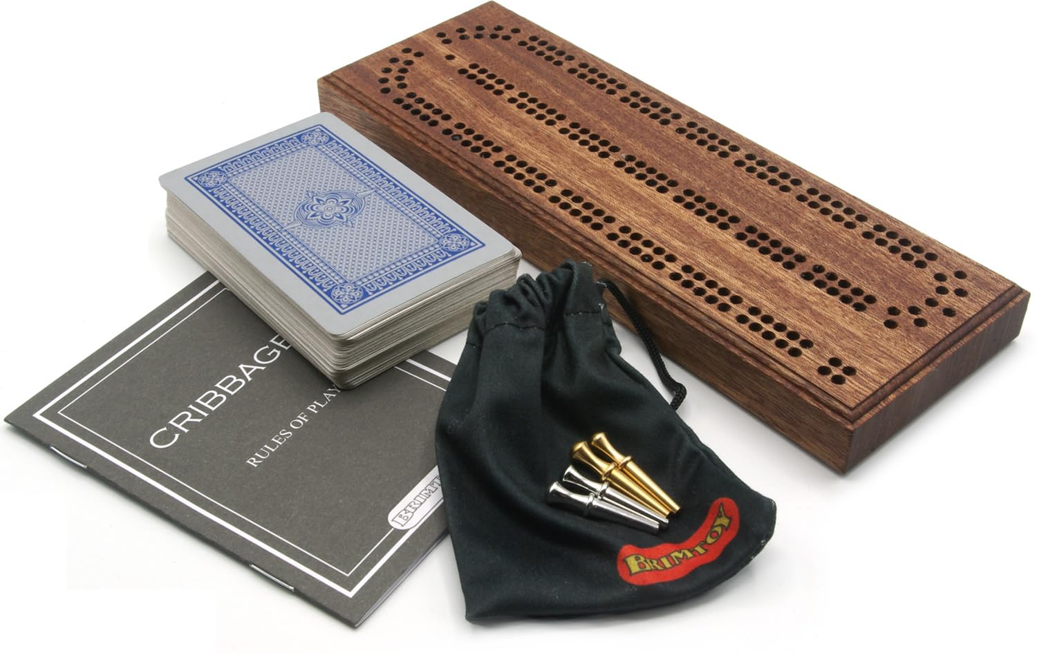 Brimtoy British Made Mahogany Cribbage Set - 20cm Solid Board Supplied with Metal Pegs, Instructions and Playing Cards - Unisex/Adult - Handmade