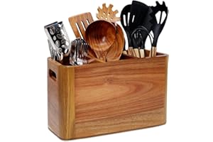 LIBERAL BRIGHTDEER Wooden Kitchen Utensil Holder Organizer for Counter or Countertop, Large Wooden Utensil Holder for Storage Cooking and Silverware with 3 Compartment, Acacia Rustic Wood Container Extra Large