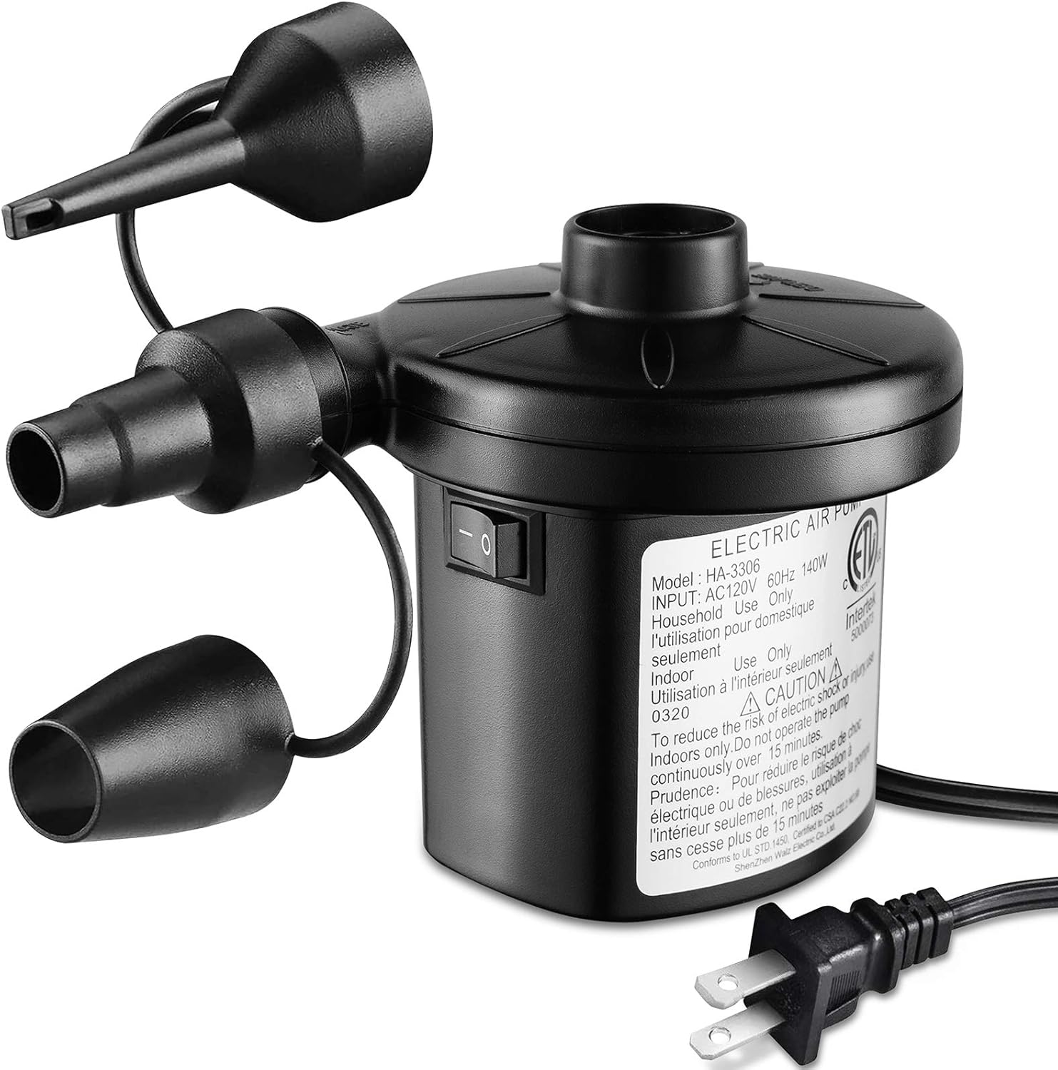 FiveJoy Electric Air Pump, Quick-Fill AC Inflator Deflator with 3 Nozzles, 120 Volt Portable Air Mattress Pump for Outdoor Camping, Inflatable Couch, Pool Floats, Boats, Swimming Ring (AC Pump (140W)): Sports & Outdoors