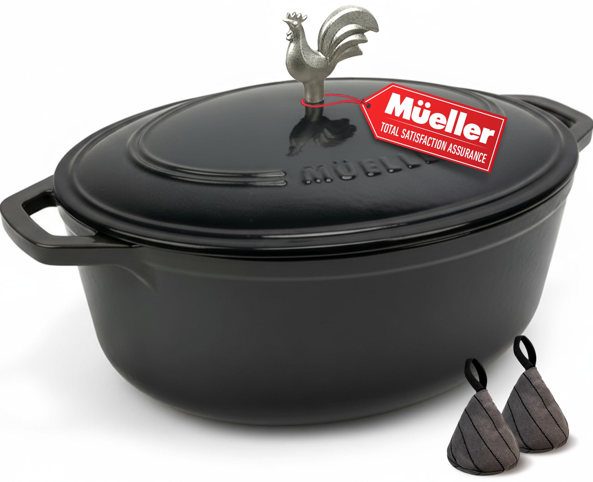 MUELLER HOME 5.5 Quart Enameled Cast Iron Oval Dutch Oven with Rooster Knob & Cotton Potholders, Heavy-Duty Cookware, Oven-Safe up to 500° F & Across All Cooktops, Gifts for Grandma & Women, Black Image