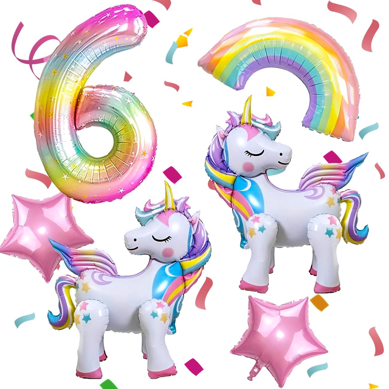 Photo 1 of 6PCS Self Standing Unicorn Balloons, Self Standing Unicorn, Large Rainbow, Colorful Number 6, Star Balloons for Girl Purple Pink 6th Party Decorations Supplies.(6th)