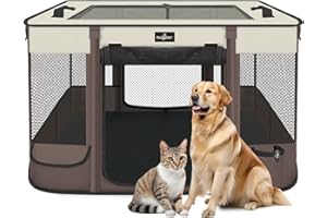 PAW BALLET Foldable Pet Kitten Playpen, Upgrade Waterproof Portable Cat Dog Playpen Kennel Tent for Small Dog Cat, Retractable Shade Cover, Come with Free Carrying Case, Indoor Outdoor Use for Small Pet, Brown