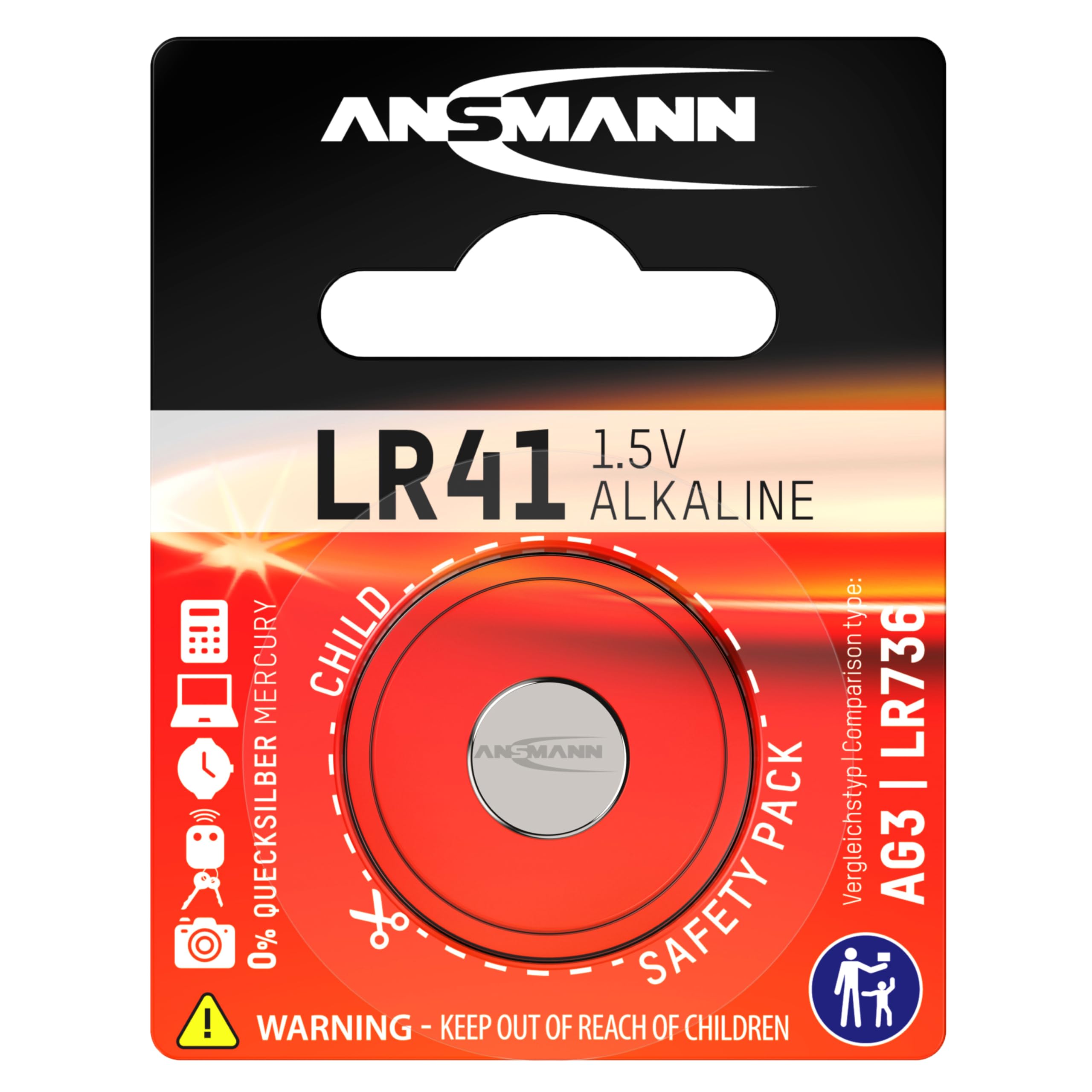 ANSMANN LR41 Coin Battery [Pack of 1] Alkaline 1.5V Button Cell Ideal for Laser Pointers, Watches, Voice Recorders, Glucometers, Thermometers, and Kids Toys Silver