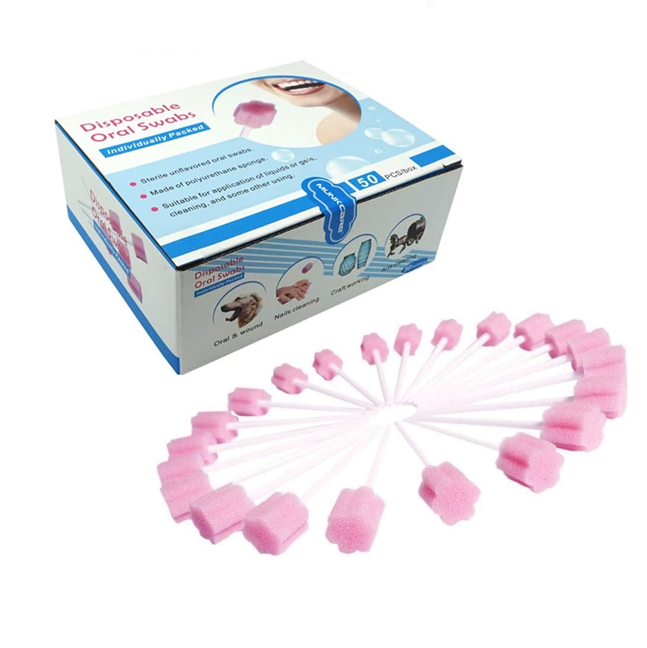 Xrten 50-Piece Disposable Oral Care Sponge Swab, Tooth Cleaning Swabs, Disposable, Pink