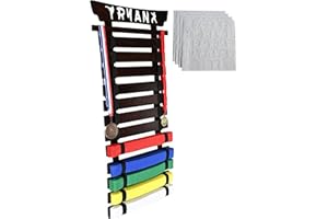 Victory Martial Arts 12 or 15 Belt Taekwondo Belt Display Rack with Stickers, Pine Wood, Walnut color (12 Belt)