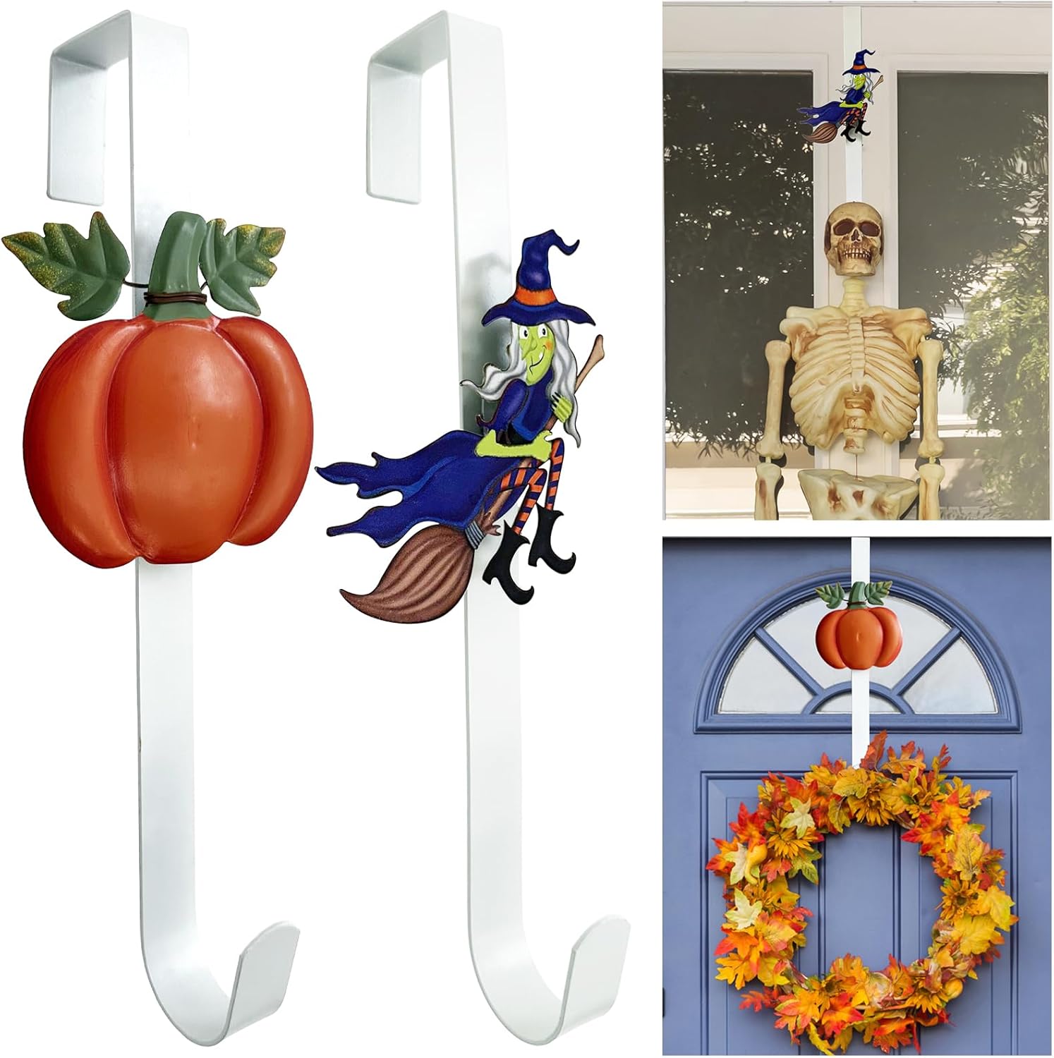 Wreath Hangers - WKHOMEDECO 2 Pack Pumpkin Witch Wreath Hangers for Front Door,Fall Decoration Metal Over The Door Wreath Hanger Ornament,Door Wreath Hanger