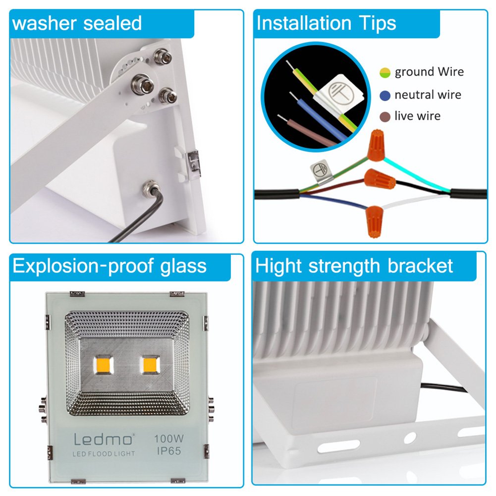 LEDMO 100W LED Flood Light Outdoor, NEW VERSION 500W Equivalent Waterproof IP65 85-265v Instant On UL and DLC 8000Lm, 3000K, Outdoor Floodlight for Garage, Garden, Lawn and Yard