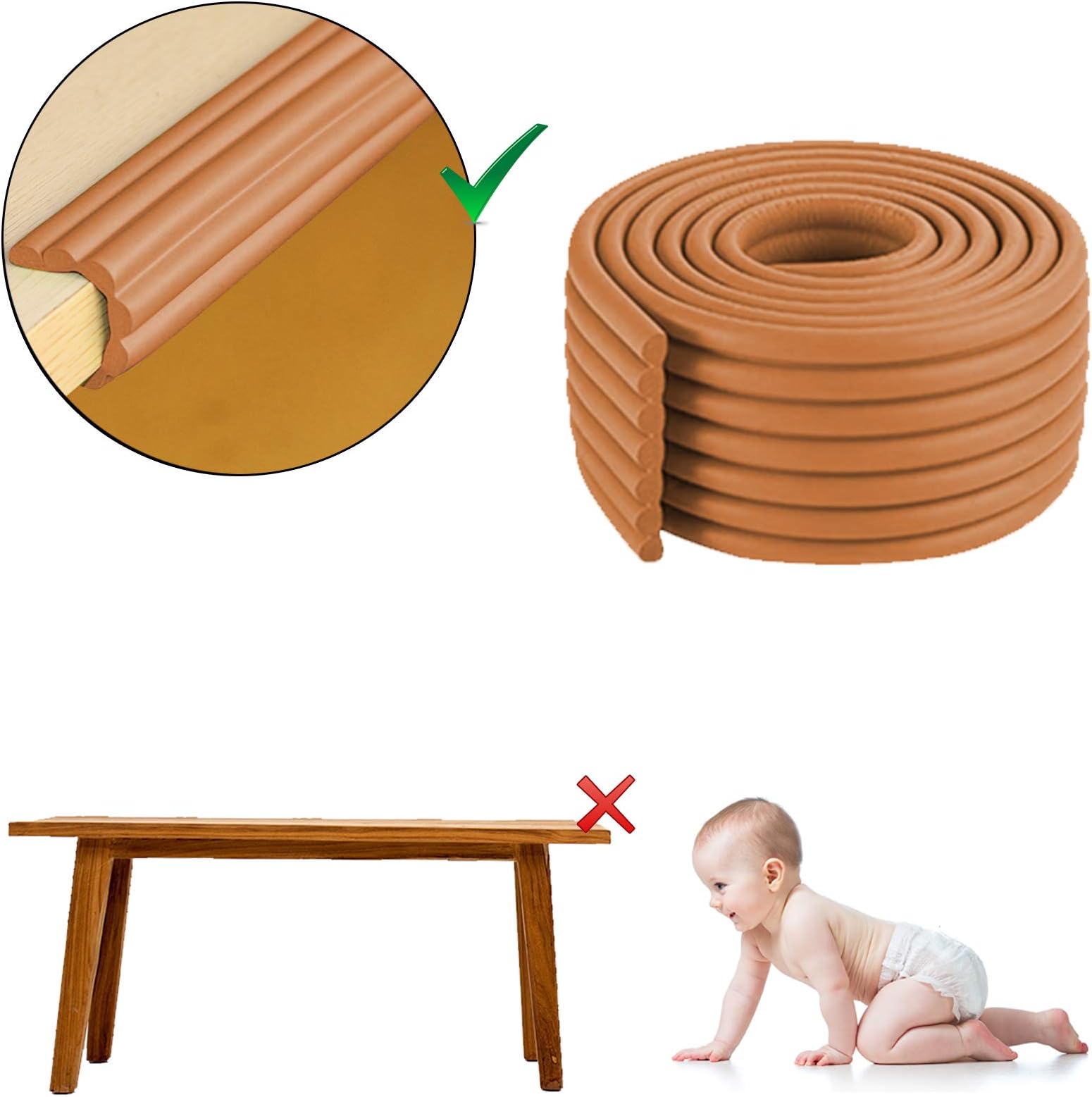 Safe-O-Kid® 2 Meter (6.5 feet) Extra Thick and Wide Mutlipurpose Edge Guard with 3 M Adhesive, Edge Protectors, BPA Free, Non-Toxic, Impact Cushion for Tables and Furniture (Brown) Pack of - 1