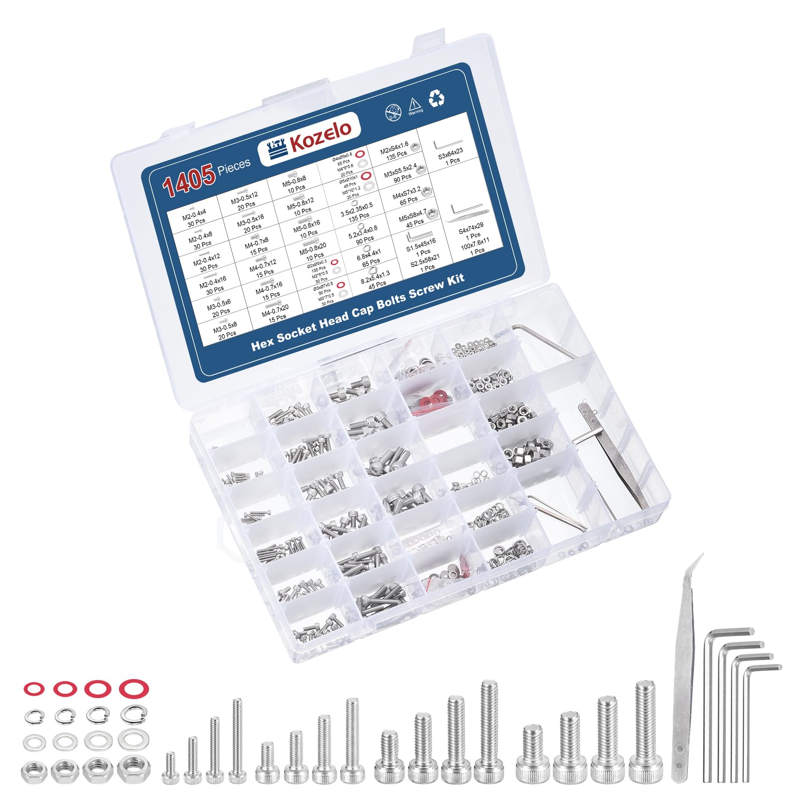 Kozelo 1405pcs Socket Head Cap Screws Bolts Nuts Assortment Kit - [M2/M3/M4/M5] 304 Stainless Steel Allen Socket Drive for 3D Printer, with Wrench