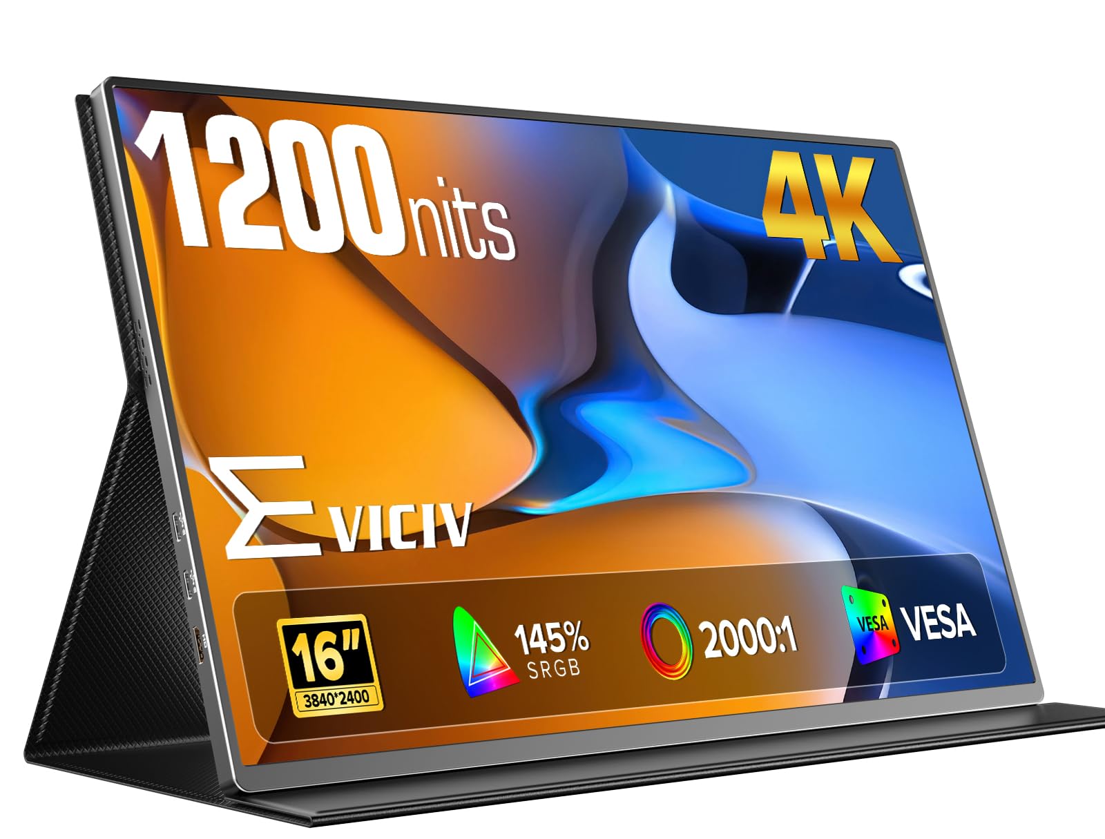 Portable Monitor 4K 1200 Nits, 16" Laptop Monitor, 3840*2400 UHD, 1MS FreeSync, 2000:1 Contrast, USB-C & MINI HDMI, VESA & Smart Case, Travel Second Screen for Computer, Mini PC, Game Consoles Image