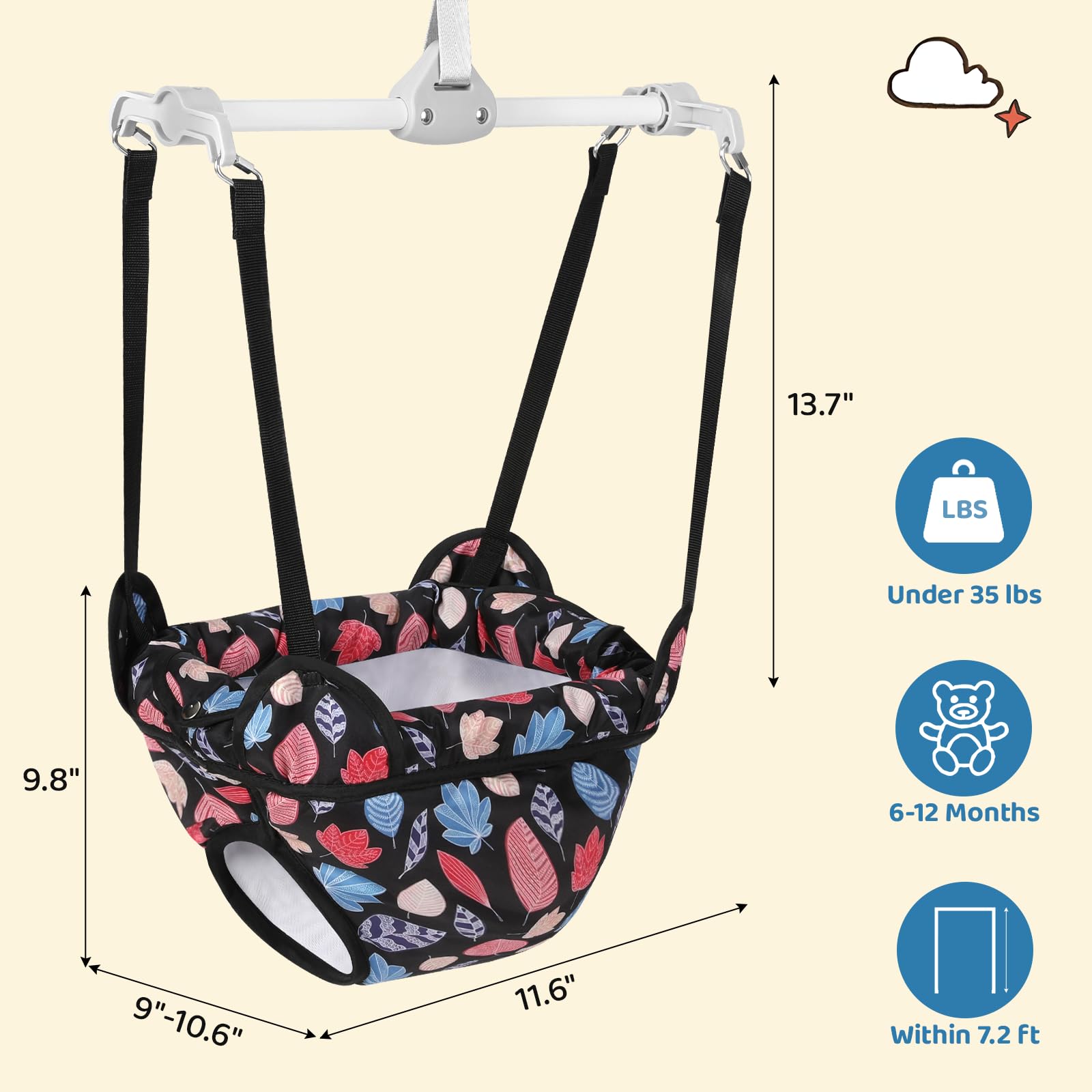 Cowiewie Door Jumper for Baby with Adjustable Seat and Strap, Fun Activity for 6-12 Months Baby Infant, Colorful Leaf