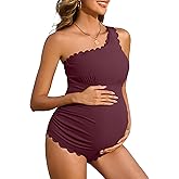 Charmo Scalloped One Shoulder Maternity Swimsuit Ribbed One Piece Pregnancy Ruched Bathing Suit for Women Swimwear 2025