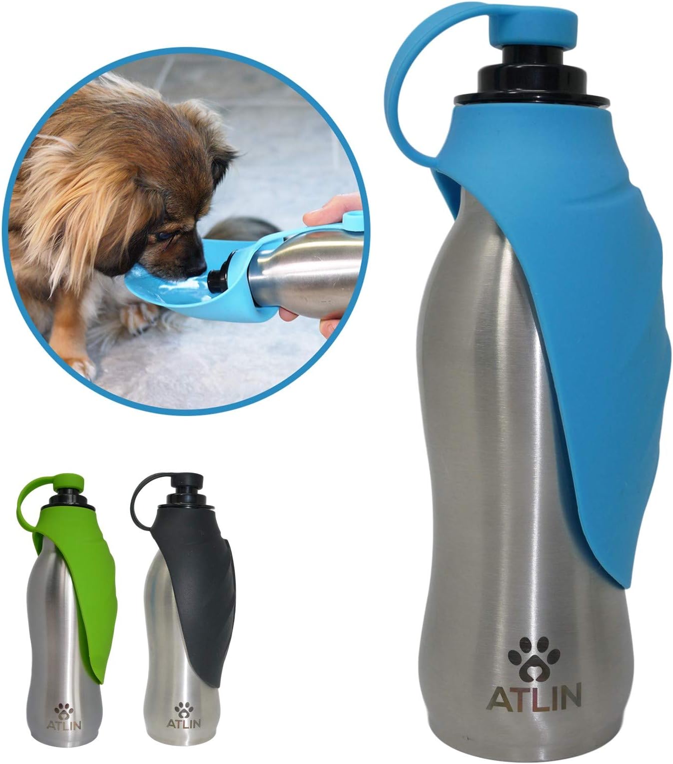 ATLIN Dog Water Bottle - 304 Stainless Steel and Silicone - Leak-Proof Dog Bottle is Great for Walks, Hikes, Runs and The Dog Park
