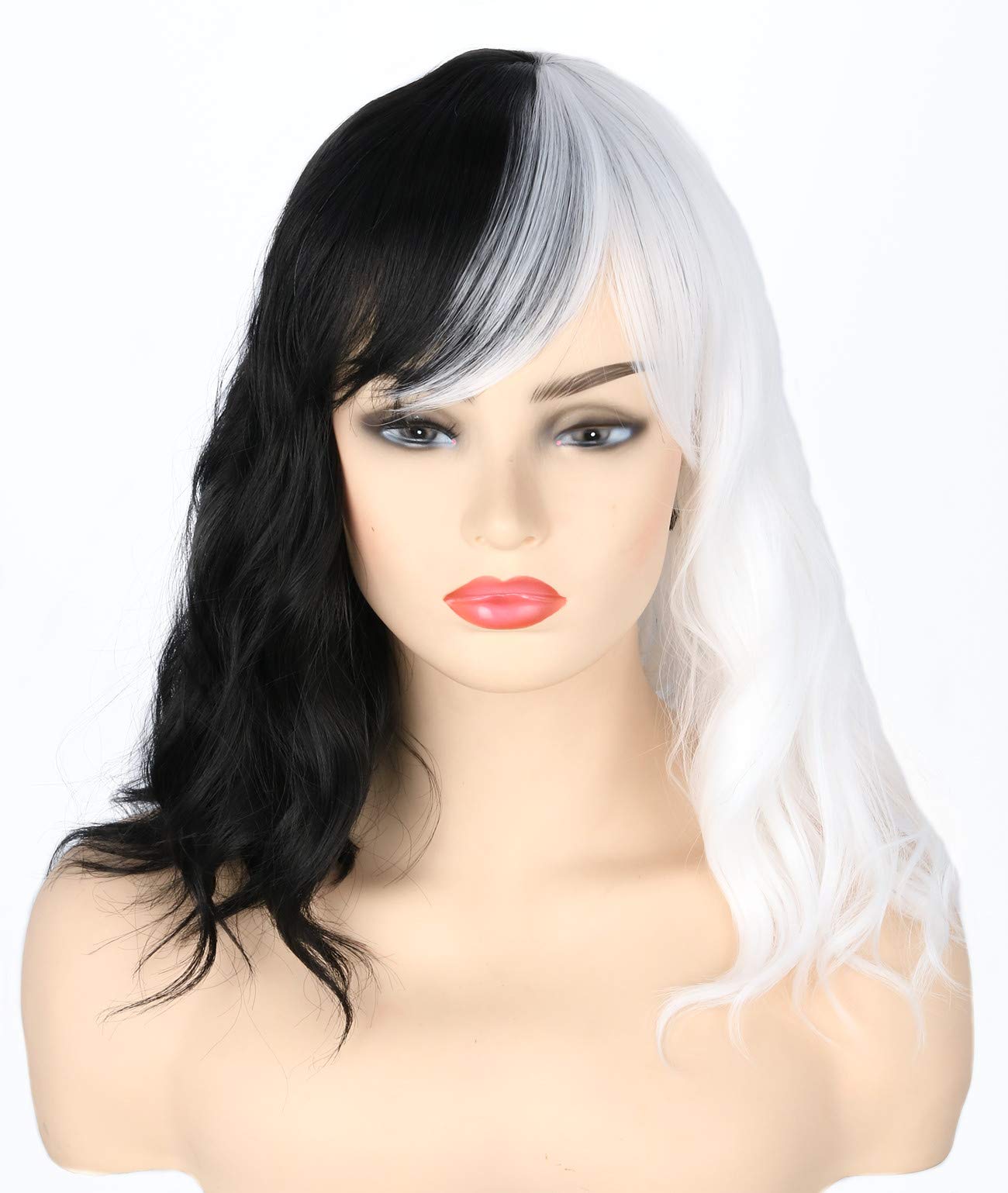Topcosplay Half Black and Half White Wig Cosplay Wig Short Curly Synthetic Hair Wigs for Halloween Carnival