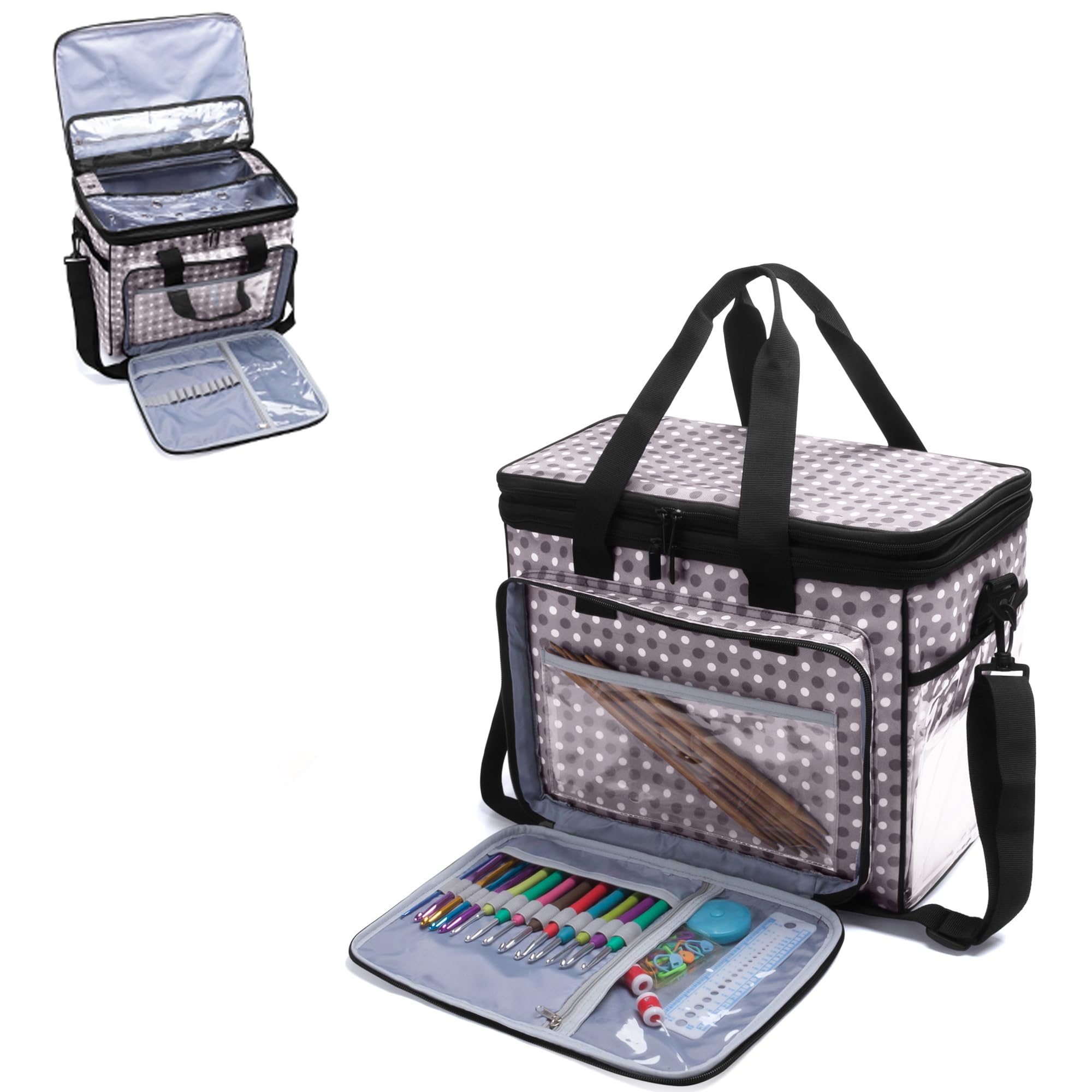 Teamoy Knitting Bag, Yarn Storage Tote with Nylon Zippered Cover, Multiple Inner Divider for Yarn and Unfinished Project, Crochet Hooks and Accessories, Grey Dots