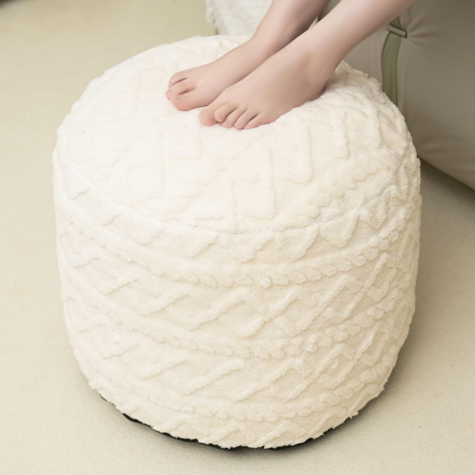 Photo 1 of Beige Round Faux Fur Ottoman Pouf - 20x15 Inch Storage Foot Stool Cushion for Living Room & Bedroom Decor
