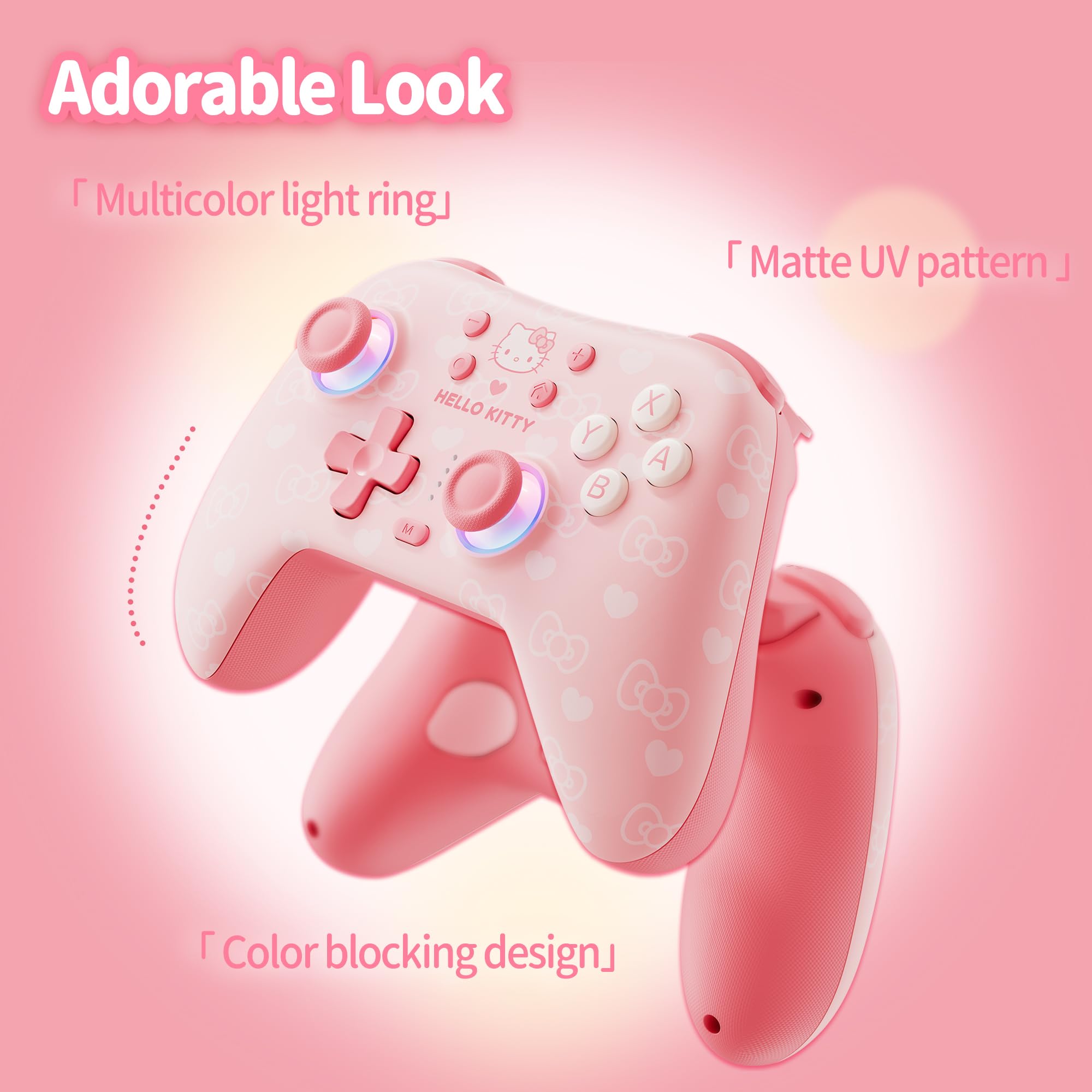 Kuitmor Pink Switch Controller,Hello Kitty Hall Effect Controllers Wireless for Switch 2/1/OLED/Lite,PC,Android,iOS | Bluetooth + Wired,1000mAh Battery,6-Axis Gyro,Dual Vibration,RGB Breathing Light
