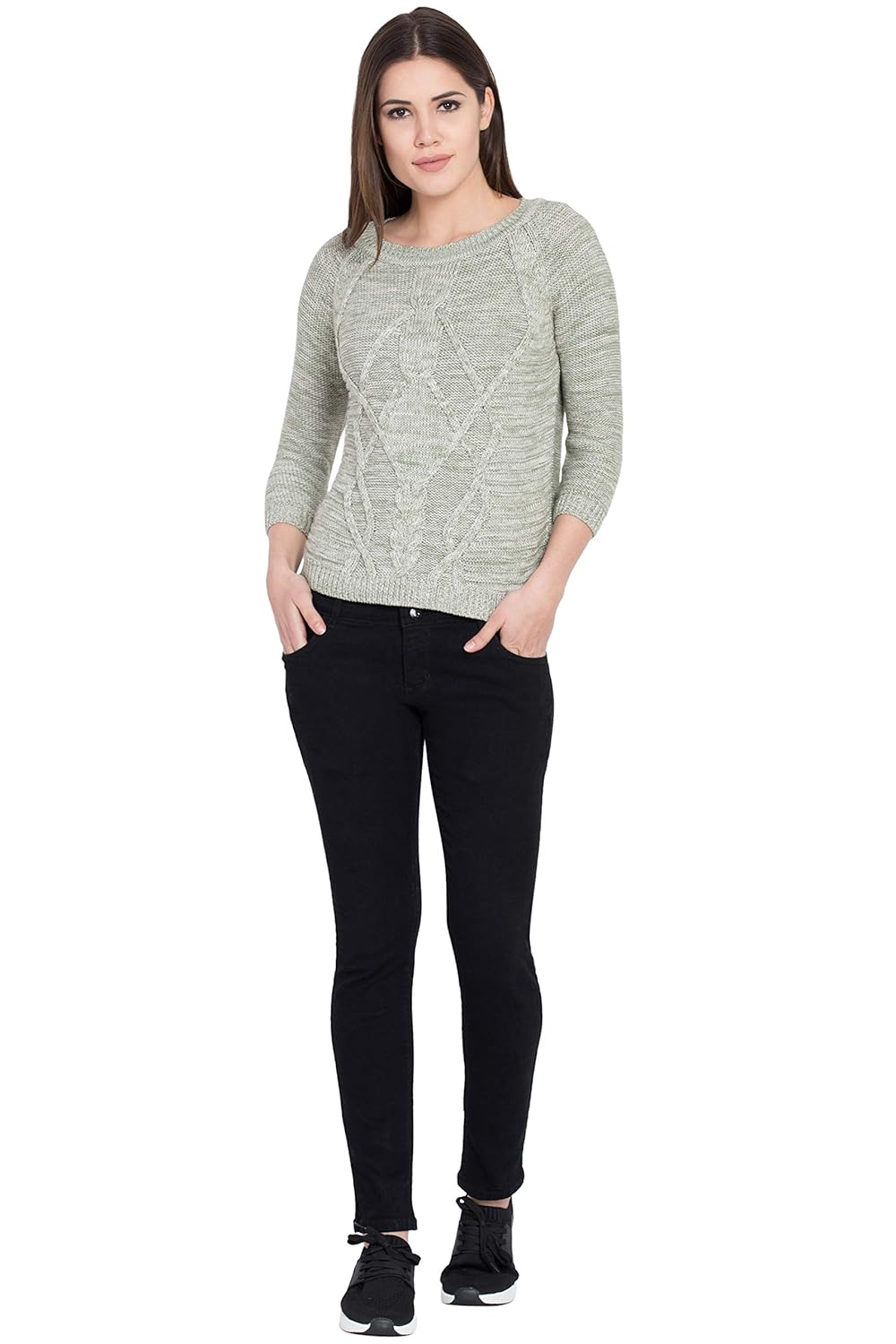 boxymoxy green white mix three-fourth sleeves cable sweater for girls & women