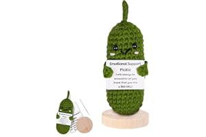 FauKait Handmade Emotional Support Pickle Gift, Cucumber Crochet Doll Inspirational with Wooden Base, Cute Knitted Cucumber Doll Funny Pickle Toy for Women, Boys,Girls Decoration