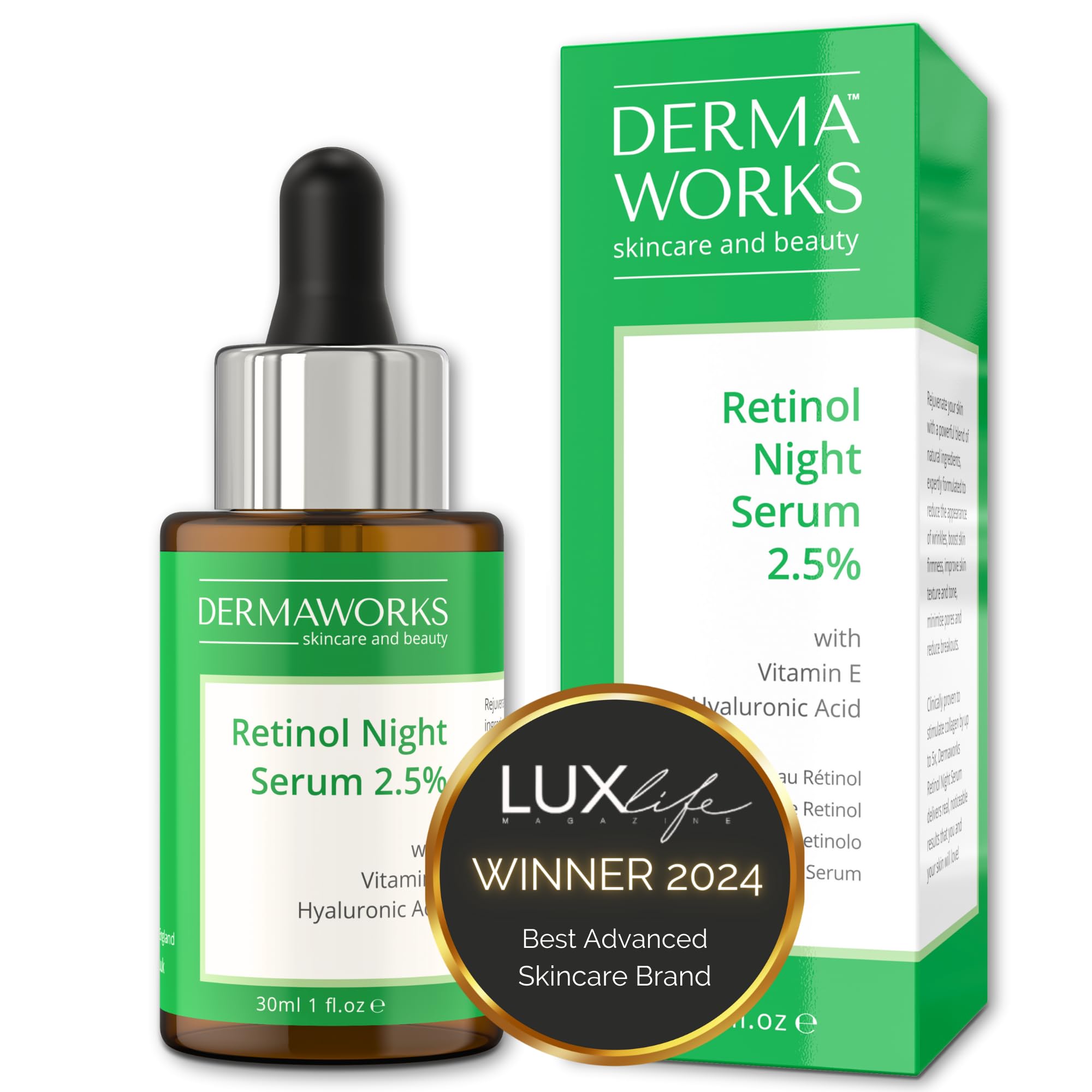 RETINOL SERUM FOR FACE – Retinol Skincare with Hyaluronic Acid & Vitamin E – Anti Aging Face Serum for Women & Men – Retinal Pore Minimizer Hyperpigmentation Treatment & Collagen Booster by DERMAWORKS