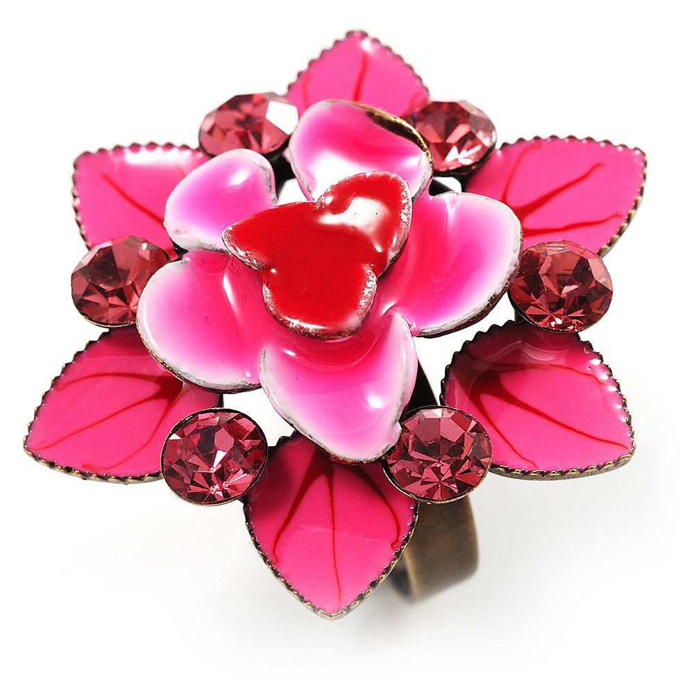 Avalaya 35mm D/Crystal Enamel Cocktail Ring in Deep Pink Colour/Bronze Tone