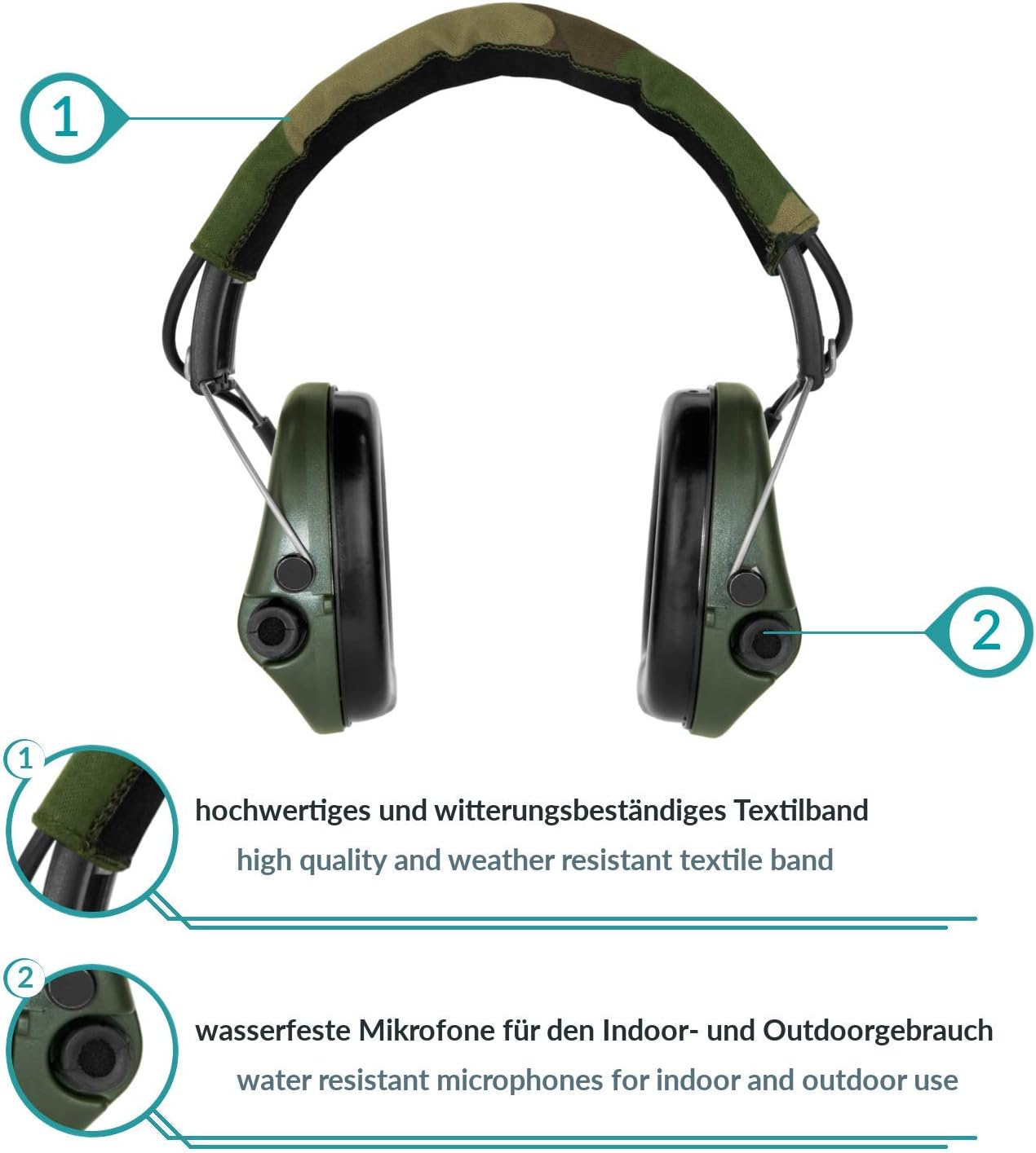Sordin Pro-X Capsule hearing protectors 75302-X-S - EN 352 - Foam cushion, camo strap & green capsules - Image 3