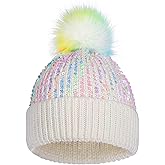 BAOPLAYKIDS Kids Knit Winter Hats with Pompom for Ages 3-14 Girls Warm Snow Ski Cap with Sparkly Sequin or Pearl Rhinestones