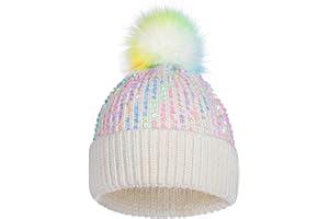 BAOPLAYKIDS Kids Knit Winter Hats with Pompom for Ages 3-14 Girls Warm Snow Ski Cap with Sparkly Sequin or Pearl Rhinestones