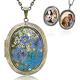 Handmade Pressed Flower Photo Locket Necklace,Vintage Oval Shaped Locket Necklace,With Tools For Cropping and Pasting Photos