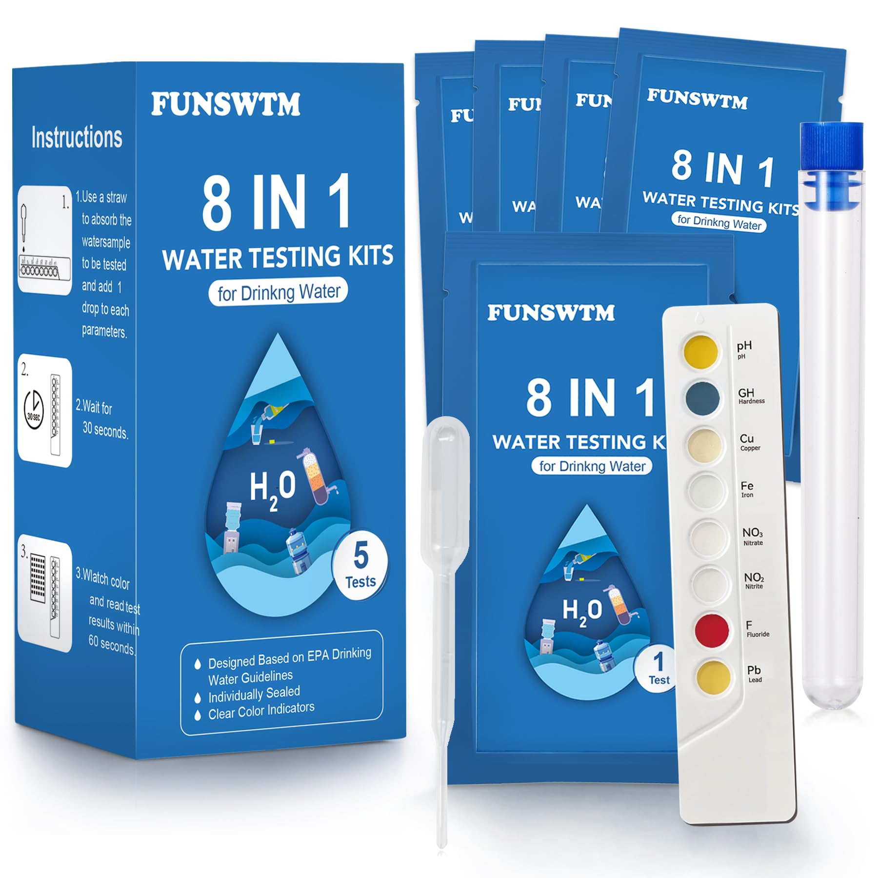 Photo 1 of ***ONLY 2*** Drinking Water Test Kit - 5 Counts 8 in 1 Water Quality Test Kit for Well Tap Home City Water Testing Strips for Lead pH Hardness Copper Nitrate Nitrite & Alkalinity