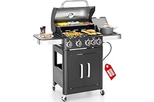 GREEN PARTY 2 in 1 Propane Gas BBQ Grill with Side Burner & Porcelain-Enameled Cast Iron Grate, 4-Burner Flat Top Griddle, 46,700 BTU Outdoor Barbecue Propane Griddle Grill Combo for Camping, Patio, Backyard