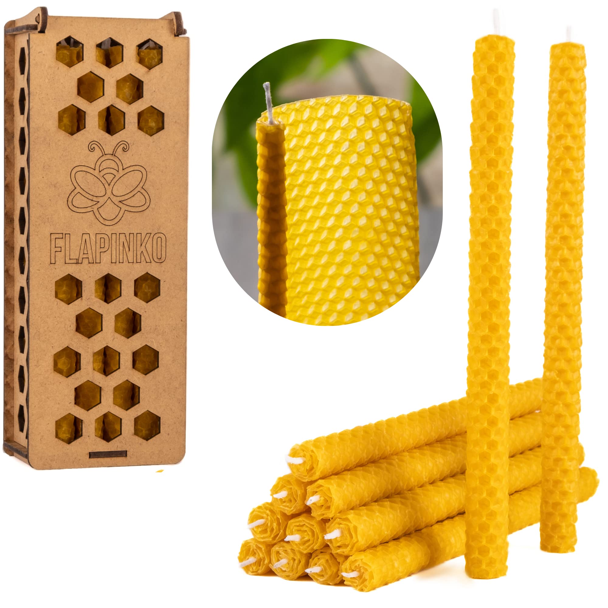 Beeswax Candle Set Taper FLAPINKO Handmade, 12 pcs Slighlty Narrow | 100% Pure, Organic,Natural, Cotton Wick|Honeycomb Texture | Real Bees Wax Candles Gift Set with Wooden Box|Premium,Dinner,Bistro