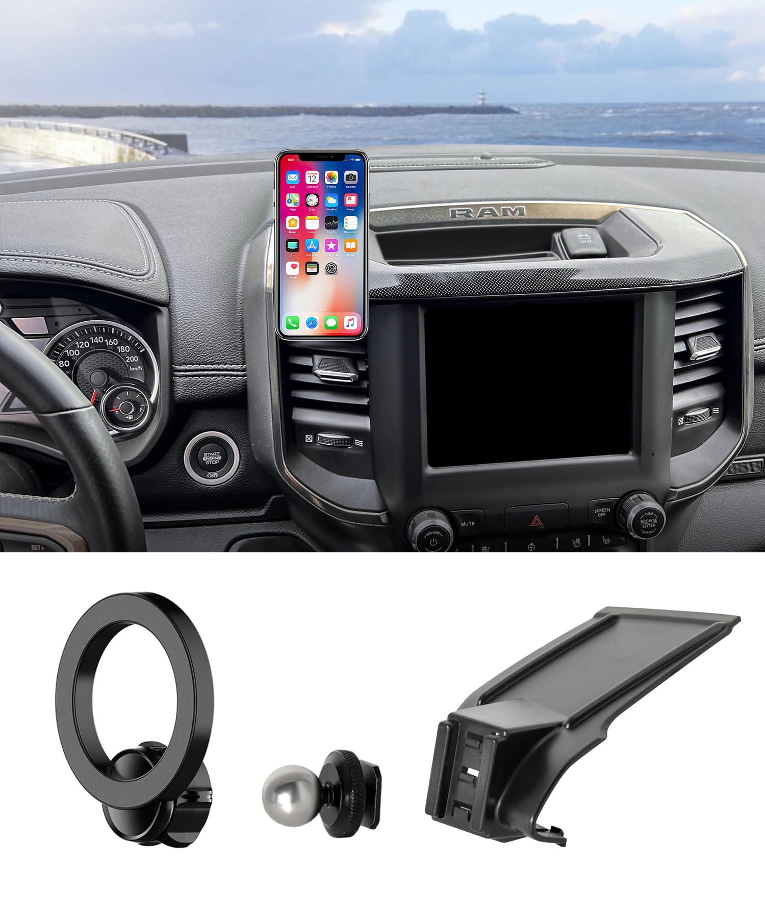 MaserWeller Car Phone Holder for 2019-2026 Dodge RAM 1500/RAM 2500/RAM 3500 Accessories, 360° Rotation Phone Mount Compatible with MagSafe, Cell Phone Holder Does Not Affect Air Vent