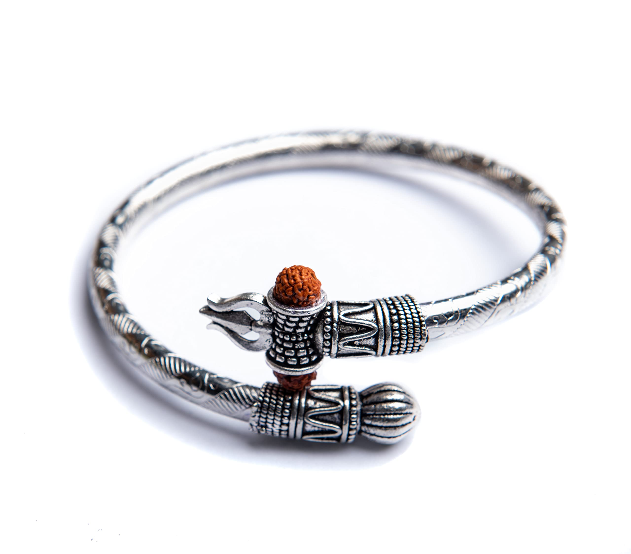 Wonder Care WC Shiv Bracelet Cuff Kada for Men - Lord Shiva Bahubali Brass Bracelet With Embedded Rudraksha Bead - Free Size - For Mahashivratri