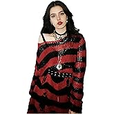 Goth Y2K Striped Sweater Grunge Ripped Punk Gothic Sweaters for Women Harajuku Aesthetic Halloween Pullover Tops