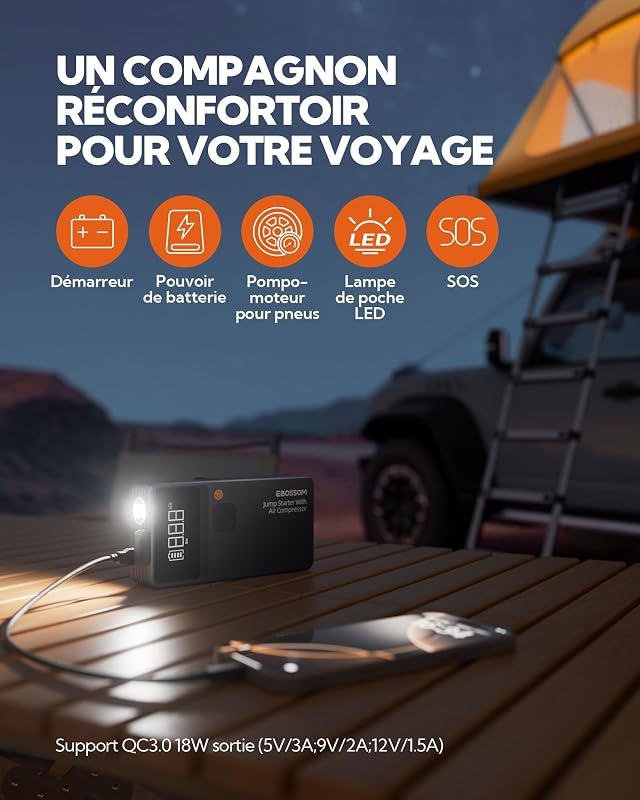 Booster Batterie Voiture avec Gonfleur,Demarreur Batterie Voiture avec Compresseur d'air Portable 7en1,Jump Starter Boost pour Moto de 12000 mAh,Booster d'urgence avec Lampe LED,Charging USB-C