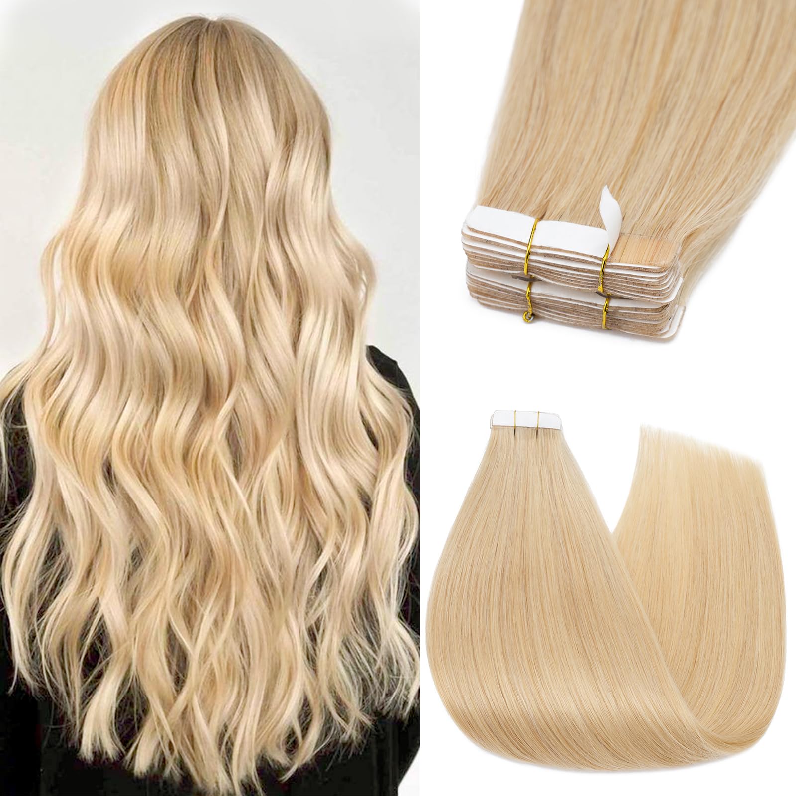 Silk-co Tape in Hair Extensions 14in 100% Real Remy Straight Human Hair Straight Invisible Glue Skin Weft 10 Pcs 20g #24 Natural Blonde
