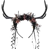 MOSTORY Flower Reindeer Headband for Women - Floral Antler Headpiece Woodland Deer Horns Hairband for Renaissance Cosplay