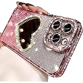 Changjia Glitter Mirror Case for iPhone 16 Pro Max,Luxury Diamond Heart Makeup Mirror Bling Sparkly Rhinestone with Camera Protector TPU Plating Bumper Women Girls Case for iPhone 16 Pro Max 6.9",Pink