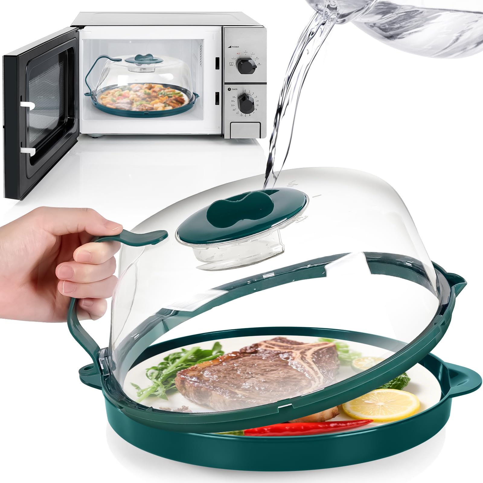 Photo 1 of Microwave Splatter Cover, Microwave Plate Cover for Food with Water Steamer and Tray, 12 Inch Microwave Lid with Integrated Handle Splatter Guard, House Essentials for Gift