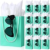 Chiisong 48-Piece Teal Blue Party Favor Set: 12 Teal Blue Paper Gift Bags, 12 Retro Heart Sunglasses, 12 Pearl Necklaces, 12 Tissue Papers for Birthdays, Bridal Showers, Baby Showers, Weddings
