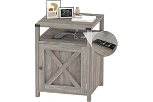 BonVache Farmhouse Nightstand with Charging Station, Industrial Rustic Besides Table with USB Ports and Outlets, End Table fo
