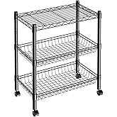 Guan River 3 Tier Rolling Cart Service Cart Wire Basket Shelf Storage Trolley Shelf 2 Bottoms for Choose(Castor or Leveling Feet) for Office,Kitchen,Black(23.23" L x 13.11" W x 32.28" H)
